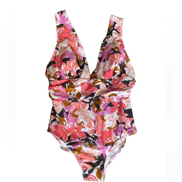 Kona Sol High Coverage One Piece Floral Swim Suit Size Large Womens Pink Coral - Picture 3 of 5